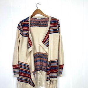 TOBI Woman's Tan,Stripe, Fringe Cardigan